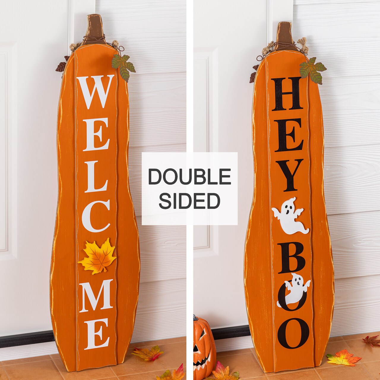 Set of 2 36"H Fall/Halloween Reversible Wood Pumpkin Porch Signs